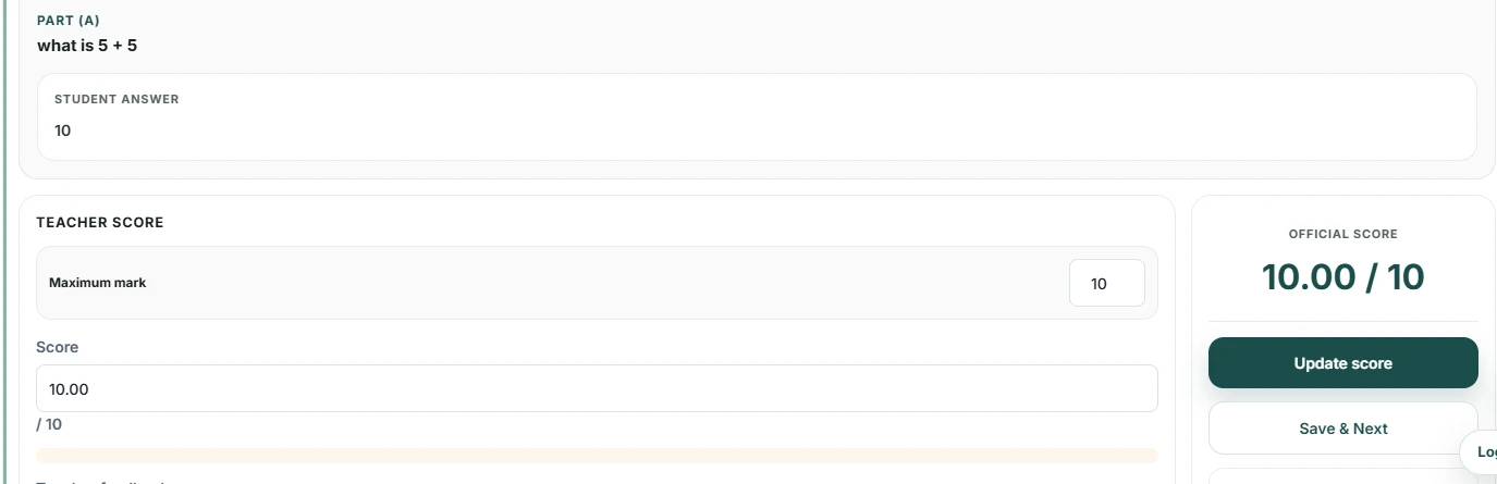 Testify theory marking interface showing a student response and teacher score controls