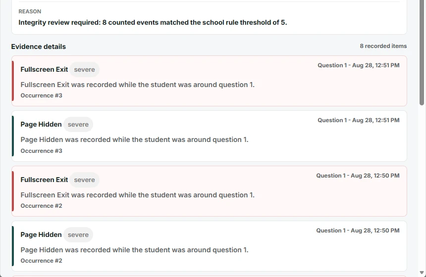 Testify integrity evidence showing recorded fullscreen and page-visibility events for administrator review