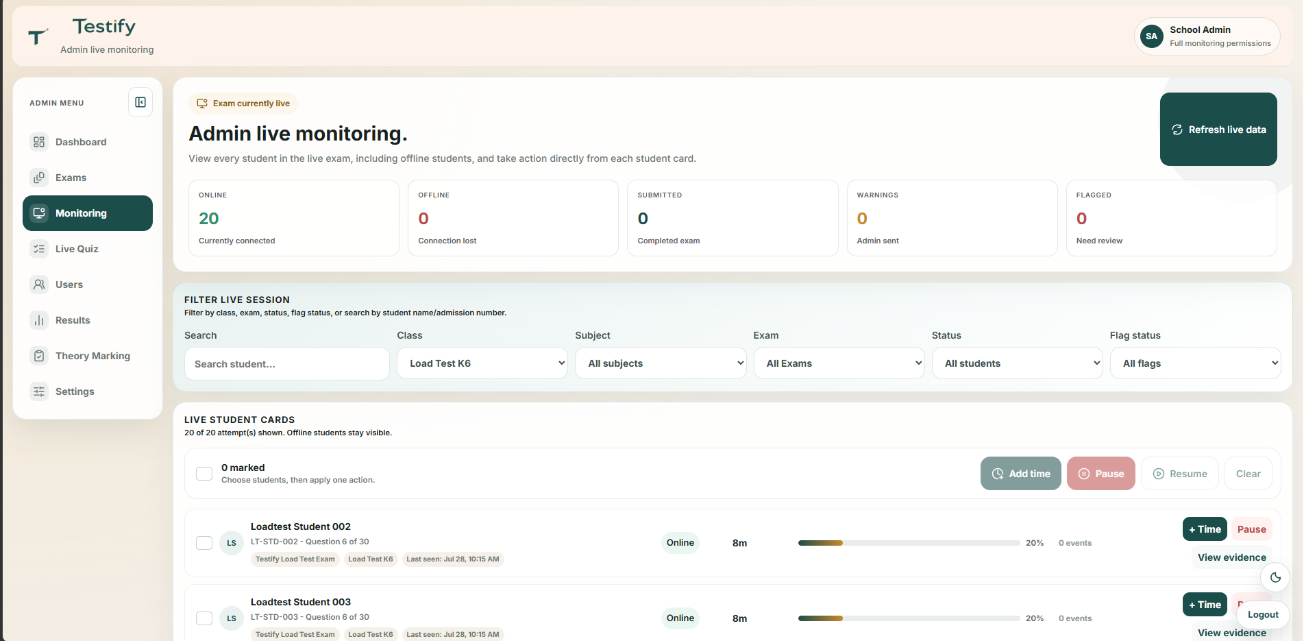 Testify live examination monitoring screen showing candidate status, connection status and administrator controls