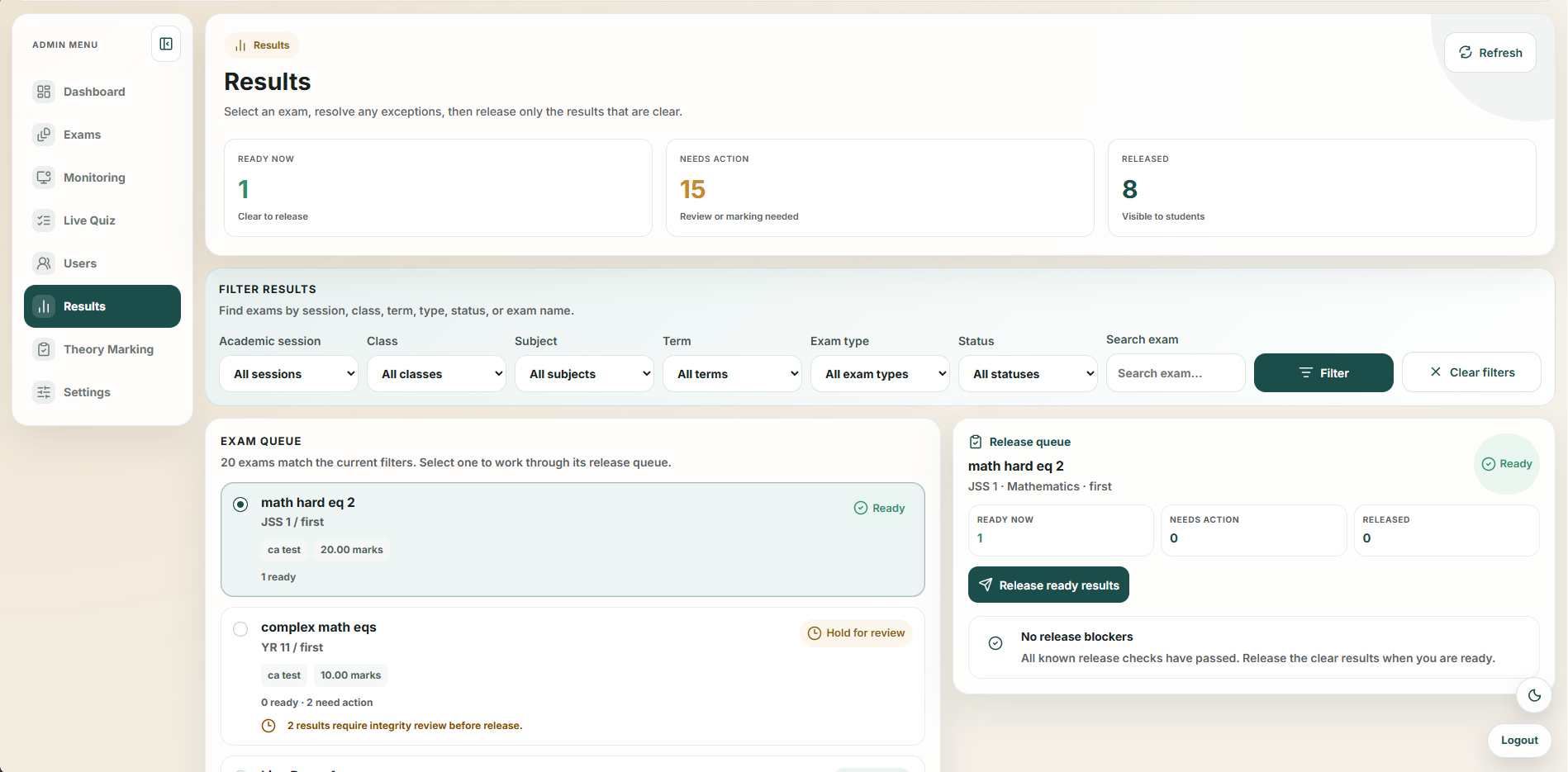 Testify results-management interface showing examination filters, review status and controlled release actions